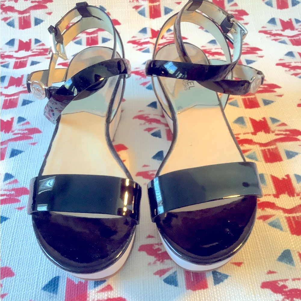 Michael Kors Black Patent Foam Ankle Strap Wedge Sandal